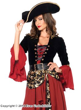 Weibliche Piratenkapitänin, Kostüm-Kleid, Schnürung, Schulterklappe, Totenköpfen, Samt